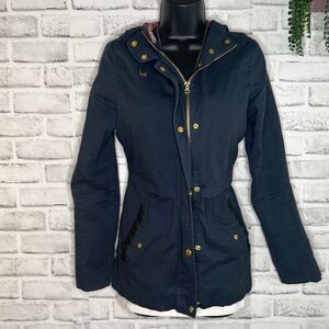 Aina Be Womens Jacket Blue Zip Up Hooded Snap Buttons Pockets Plaid Small